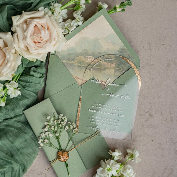 Arched Acrylic sage green golden Wedding Invitations, Elegant garden Wedding Cards, Baby Breath Plexi Gypsophila Wedding Invites, Natural