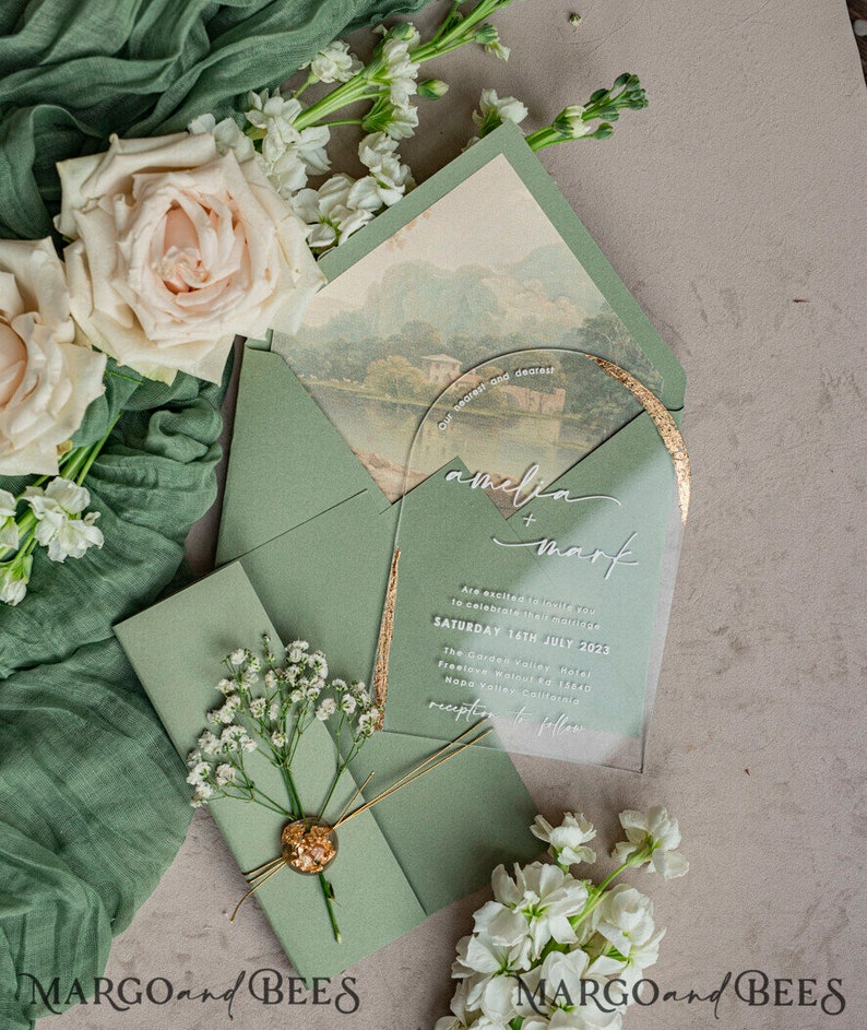 Arched Acrylic sage green golden Wedding Invitations, Elegant garden Wedding Cards, Baby Breath Plexi Gypsophila Wedding Invites, Natural