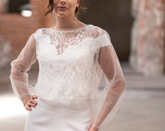 Boléro de mariage en dentelle ivoire manches longues Haussement d’épaules robe de mariée Topper, Couverture dos nu nuptiale, Blouse de mariée en dentelle, Capelet en dentelle de mariée