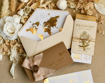 Beige Gold Passport Wedding Invitation, Wedding Cards Boarding Pass, Tuscany Passport Wedding Invitations Abroad, Destination Wedding Invite