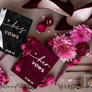 Maroon Bride and Black groom vow books, Burgundy wedding vow books set of two, Velvet Marsala vow booklets, Golden Mirror vow books, Mar