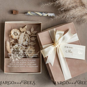 Geschenkschachtel für Geld Geldgeschenk zur Hochzeit mit Strauß aus Trockenblumen personalisiert Geschenk für Brautpaar Reagenzglas für Geld