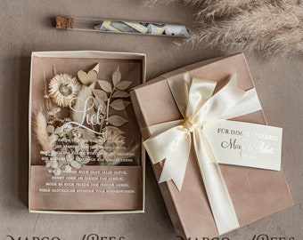 Geschenkschachtel für Geld Geldgeschenk zur Hochzeit mit Strauß aus Trockenblumen personalisiert Geschenk für Brautpaar Reagenzglas für Geld