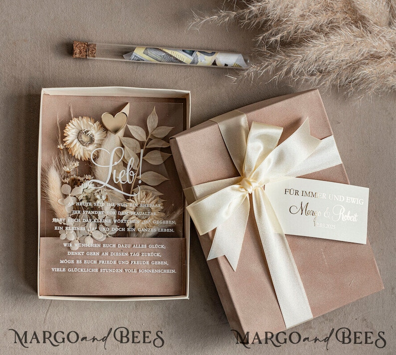 Geschenkschachtel für Geld Geldgeschenk zur Hochzeit mit Strauß aus Trockenblumen personalisiert Geschenk für Brautpaar Reagenzglas für Geld