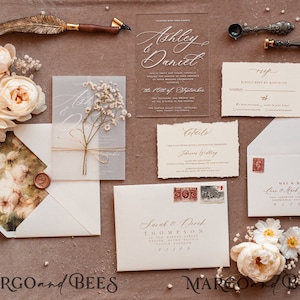 Fine Art Acrylic Wedding Invitation, Baby's Breath Floral Wedding Invitation, French Provence Invitation suite, Gypsophila flower