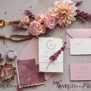 Fine Art Mauve Ivory Gold Wedding Invitation, Real heather Floral Wedding Invitation, French Provence Invitation suite, Deckled Edge Invites