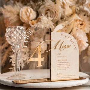 Acrylic Arch Table Number and dinner menu Combo, Ivory Velvet Sign, Gold Plexi Velvet Table Numbers and Menu Combo Luxury Wedding Table, IvS