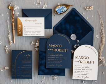 Custom Wedding invitations velvet navy blue pocket, Elegant Arch Wedding Invitations, Gold Wedding Invitation Suite,  Luxury wedding Cards