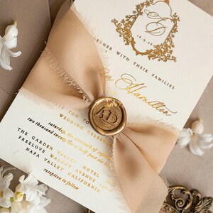 Vintage Baroque Wedding Invitation suite Beige Golden Wedding Invitations Victorian wedding crest Chinoiserie Invites Royal Ornamental frame image 3