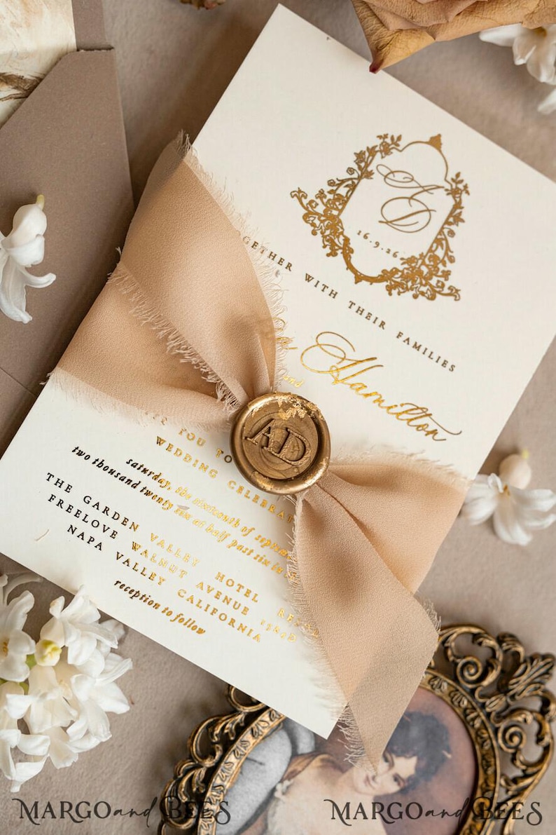 Vintage Baroque Wedding Invitation suite Beige Golden Wedding Invitations Victorian wedding crest Chinoiserie Invites Royal Ornamental frame image 3