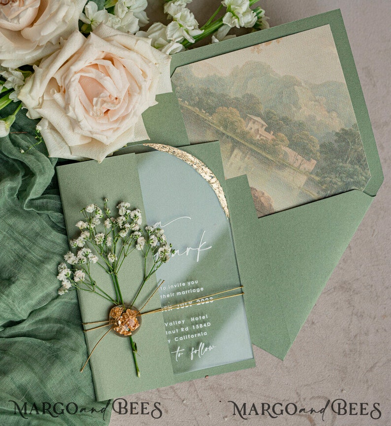 Arched Acrylic sage green golden Wedding Invitations, Elegant garden Wedding Cards, Baby Breath Plexi Gypsophila Wedding Invites, Natural