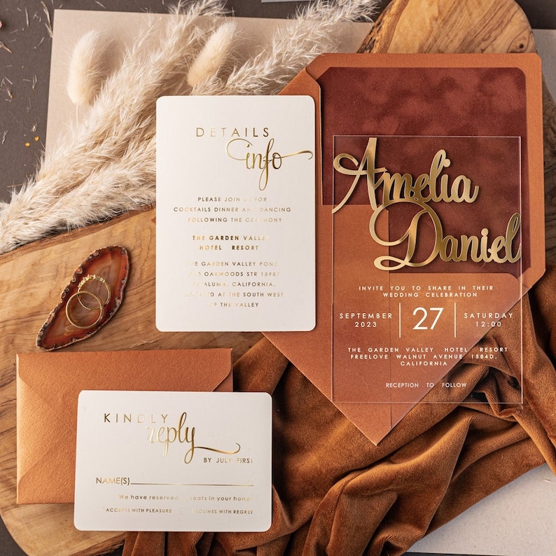 Gold Acrylic Wedding Invitations, Luxury Terracotta Wedding Invites Velvet, Elegant Acrylic Suite velvet Wedding Cards, Golden Stationery image 1