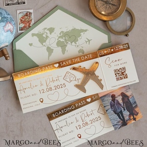 Auslandsreise Hochzeit Save the Dates Bordkarte Foto Speichern Sie unsere Datum Karten Gold Magnete Flugzeug personalisierbar Acryl Ziel Hochzeit
