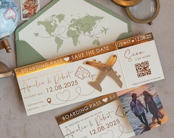 Auslandsreise Hochzeit Save the Dates Bordkarte Foto Speichern Sie unsere Datum Karten Gold Magnete Flugzeug personalisierbar Acryl Ziel Hochzeit