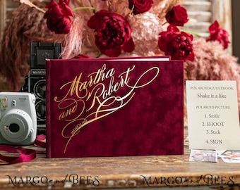 Maroon Gold Instax velvet Wedding GuestBook, Burgundy Gold Large Instant Wedding Guest Book, Marsala Polaroid velvet Golden Guestbook