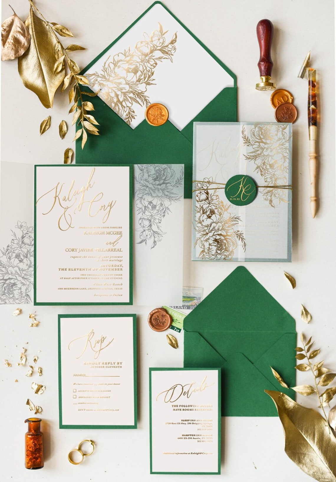 Luxury Green Gold Wedding Invitations Gold Foil Calligrapy image 1