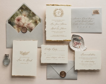 Elegant Fine Art Wedding Invitations, Deckled Edge Gold Invitation suite, Wedding Crest Ivory & Grey Invitation, French Roses Invitation