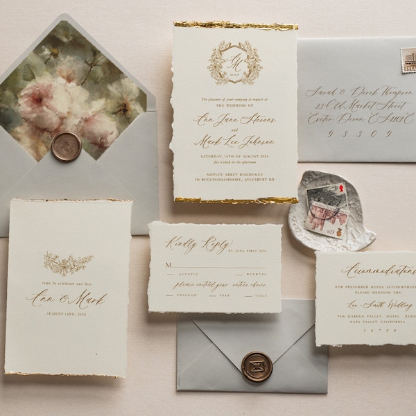 Elegant Fine Art Wedding Invitations, Deckled Edge Gold Invitation suite, Wedding Crest Ivory & Grey Invitation, French Roses Invitation