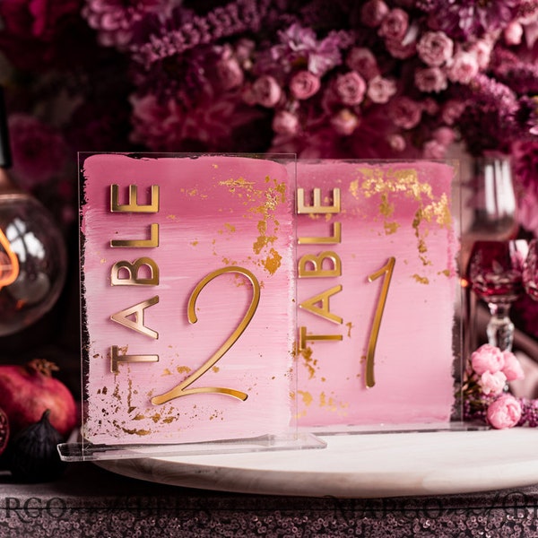 Pale Pink Ombre Mauve Acrylic Table Numbers, Dusty Rose Acrylic & gold Sign, Gold Plum Plexi Table Numbers, Purple Wedding Table Decor,Mvl