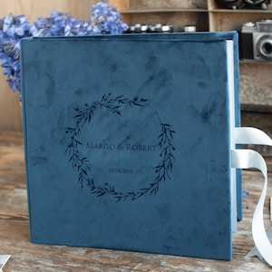 Luxury Navy Blue Blush Velvet Presonalised Photo Album Instax, Velvet Wedding Album, Elegant Photo Booth Book, Custom Wedding Guest Book