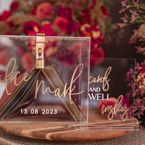Elegante klare Hochzeit Set Acryl Kartenbox mit Schloss und Zeichen Karten & Geschenke, personalisierte Hochzeitskarte Box, klare Kartenbox, ACGold