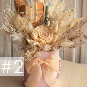 XXL Geschenkschachtel für Geld Geldgeschenk zur Hochzeit mit Strauß aus Trockenblumen personalisiert Reagenzglas für Geld gift box for money image 2