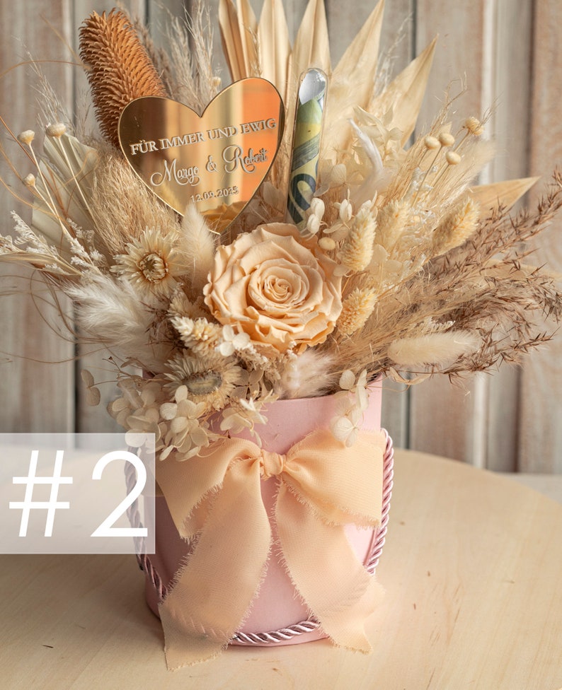 XXL Geschenkschachtel für Geld Geldgeschenk zur Hochzeit mit Strauß aus Trockenblumen personalisiert Reagenzglas für Geld gift box for money image 2