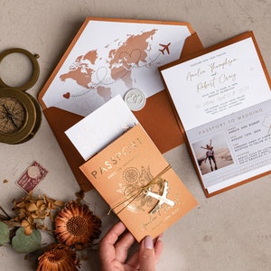 Terracotta Gold Passport Wedding Invitation, Map Wedding Cards Boarding Pass, Burnt Orange Passport Cards Abroad, Destination Invites image 3