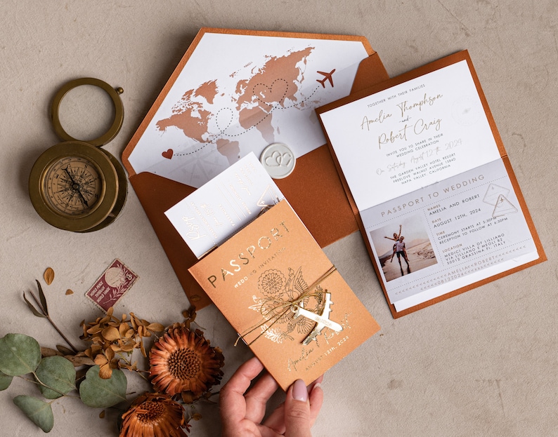 Terracotta Gold Passport Wedding Invitation, Map Wedding Cards Boarding Pass, Burnt Orange Passport Cards Abroad, Destination Invites image 3