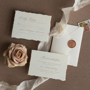 Elegant Ivory Rose Wedding Invitations – Fine Art Deckled Edge Gold Invitation Suite image 6