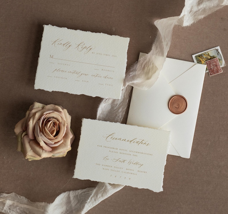Elegant Ivory Rose Wedding Invitations – Fine Art Deckled Edge Gold Invitation Suite image 6