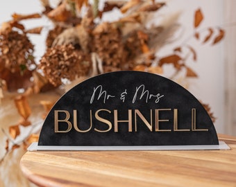 Gold Acrylic Top Table Mr and Mrs signs with stand, Black Velvet Golden Mirror Table Sign, Black Gold Plexi Mr and Mrs signs