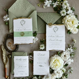 Wedding Invitations Sage Green Fine Art- Deckled Edge Invites with Ribbon, Clear Wax Seal & RSVP Options image 3