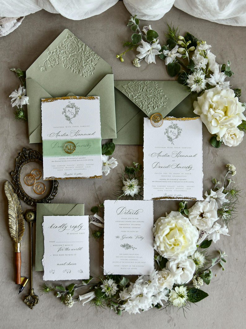 Wedding Invitations Sage Green Fine Art- Deckled Edge Invites with Ribbon, Clear Wax Seal & RSVP Options image 3