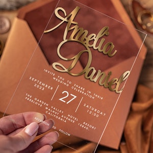 Gold Acrylic Wedding Invitations, Luxury Terracotta Wedding Invites Velvet, Elegant Acrylic Suite velvet Wedding Cards, Golden Stationery image 2