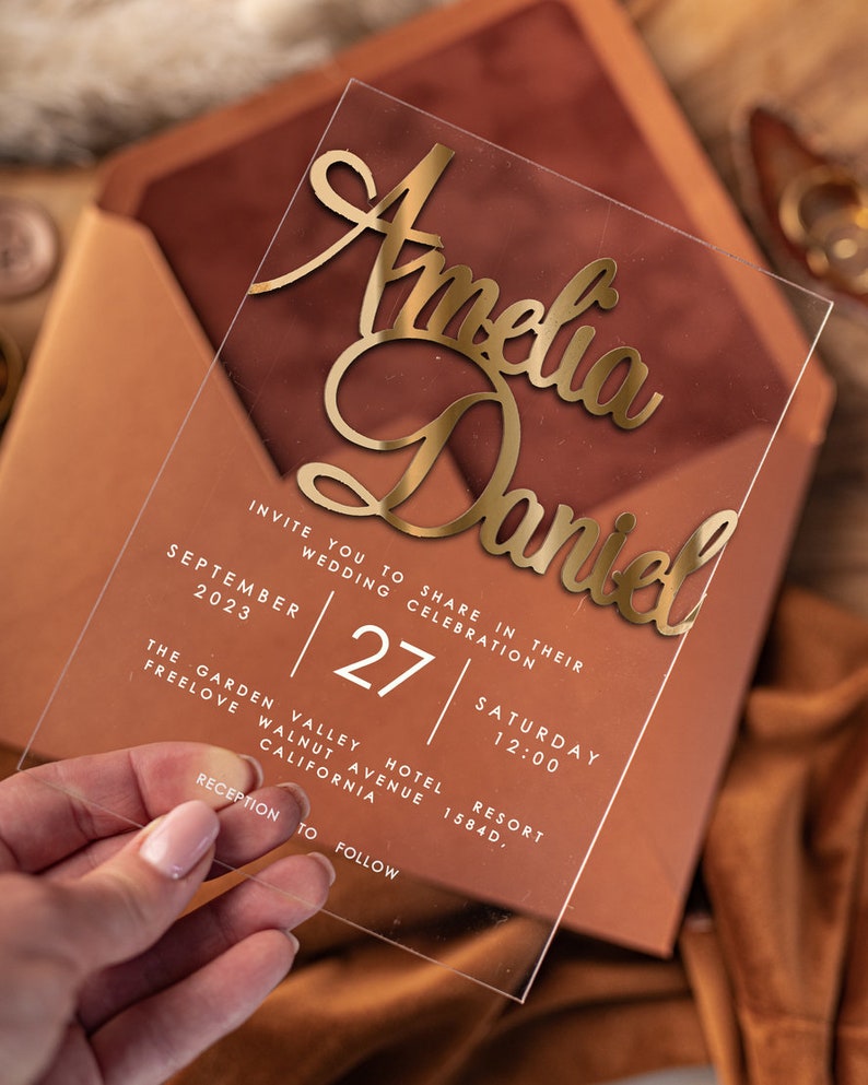 Gold Acrylic Wedding Invitations, Luxury Terracotta Wedding Invites Velvet, Elegant Acrylic Suite velvet Wedding Cards, Golden Stationery image 2