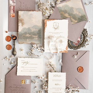 Fine Art Wedding Invitations, Deckled Golden Edge Wedding Invites, Elegant Ivory Wedding Invitation Suite, Vintage Wedding Cards