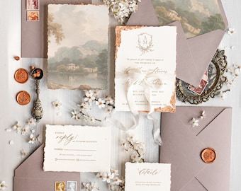 Fine Art Wedding Invitations, Deckled Golden Edge Wedding Invites, Elegant Ivory Wedding Invitation Suite, Vintage Wedding Cards