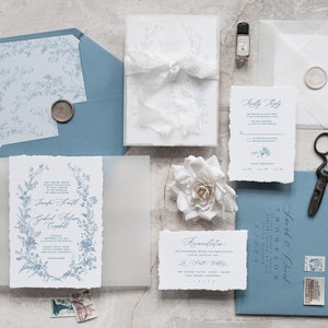 Dusty blue Wedding Invitation, Floral Wedding Invitation, Deckle Edge White Wedding Cards with white silk ribbon