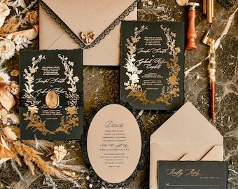 Wedding invitations Black Lace Personalized Golden Vintage  Invites Old Money Regency Baroque Cards