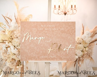 Beige Samt & Gold Moderne Samt Hochzeit Willkommensschild, 3D-Willkommensschild in Hellbraun, Willkommen zu unserem Hochzeitsschild, Goldener Empfang Signage, BVpx