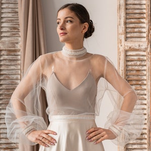 Ivory tulle Wedding bolero puff sleeve, Shrug Women Wedding, Bridal Coverup, Ivory Blouse for Bride, Bridal Tulle Blouse, dress capalet