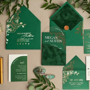 Arch Gold Acrylic wedding invitation suite, Velvet Pocket  Green Wedding Invites, Glamour Wedding Invitations, Greenery Wedding Set