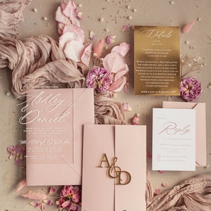 Luxury Mirror gold Wedding Invitations, Elegant Blush Pink Wedding Cards, Glamour Acrylic Wedding Invites, Clear Plexi Wedding Invitation