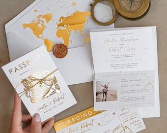 White and Gold Passport Wedding Invitation,  Destination Wedding Passport Invite, Wedding Map, Ticket Invitations Set Travel, boarding pass