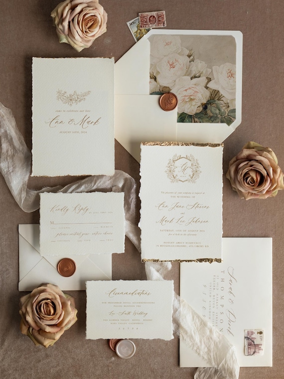 Elegant Ivory Rose Wedding Invitations – Fine Art Deckled Edge Gold Invitation Suite