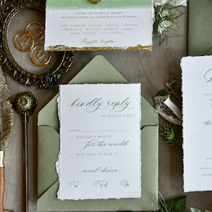 Wedding Invitations Sage Green Fine Art- Deckled Edge Invites with Ribbon, Clear Wax Seal & RSVP Options image 2