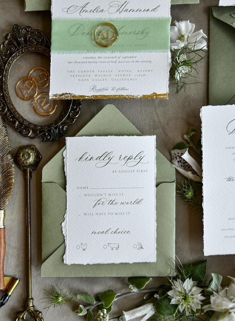 Wedding Invitations Sage Green Fine Art- Deckled Edge Invites with Ribbon, Clear Wax Seal & RSVP Options image 2