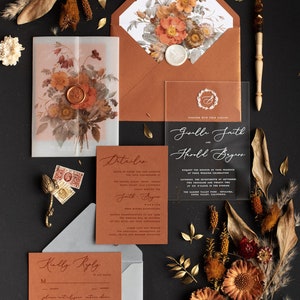 Copper Acrylic Wedding Invitation, Terracotta Wedding Invitation, Autumn fall Wedding, Glam Wedding Cards, elegant plexi glass invites