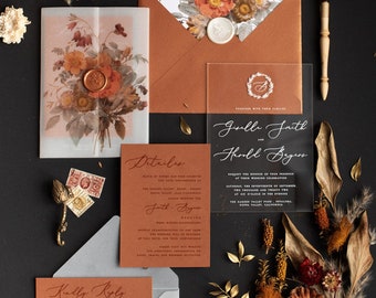 Copper Acrylic Wedding Invitation, Terracotta Wedding Invitation, Autumn fall Wedding, Glam Wedding Cards, elegant plexi glass invites